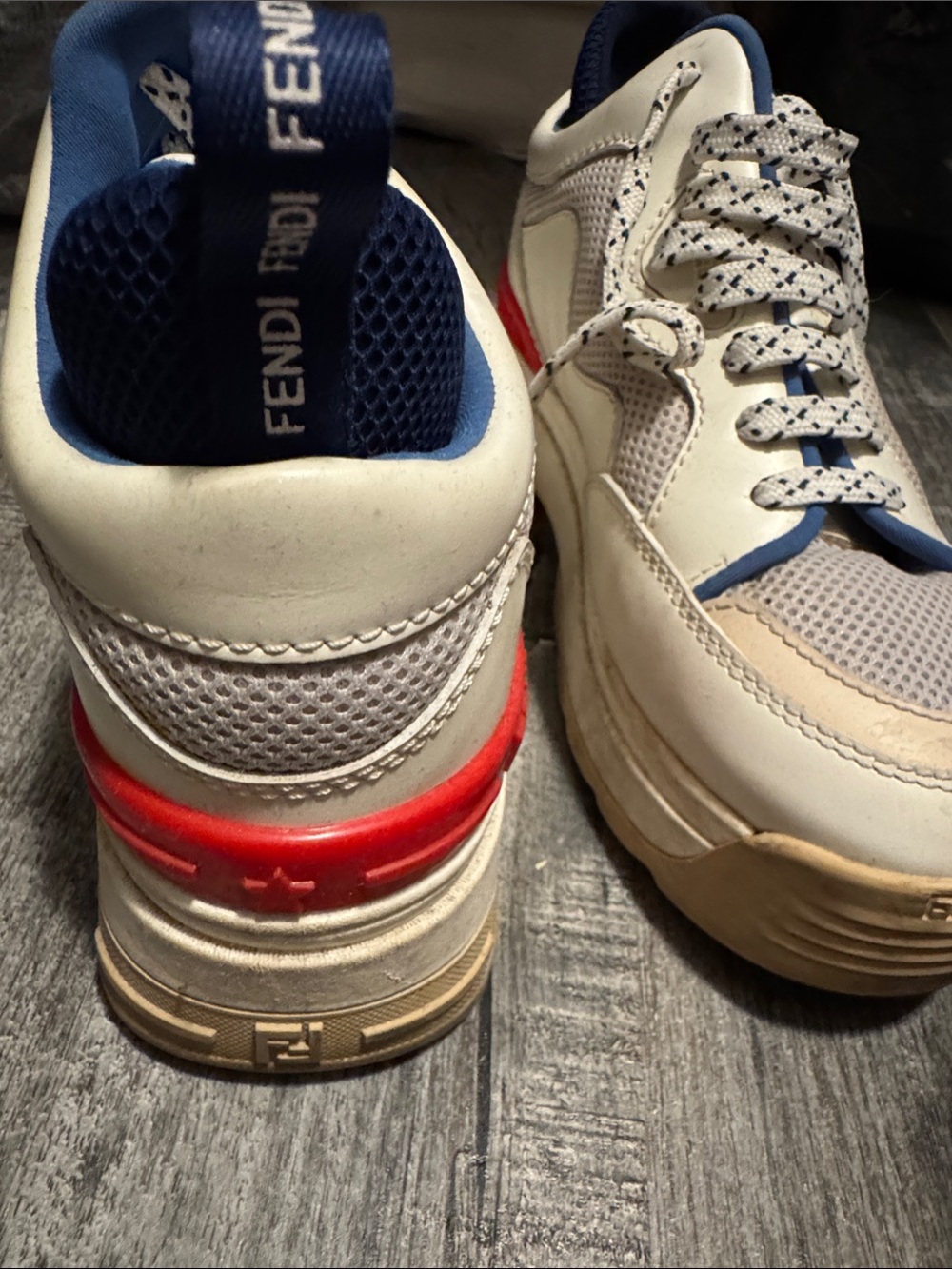 Fendi White Sneakers with Blue Lining and Red Midsole Accent